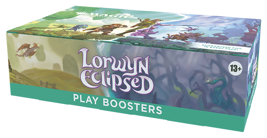 Box of 'Lorwyn Eclipsed' play boosters with fantasy-themed artwork on a white background.