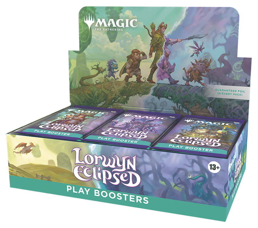 Box of 'Lorwyn Eclipsed' play boosters for 'Magic: The Gathering' with characters and creatures illustration on the packaging.