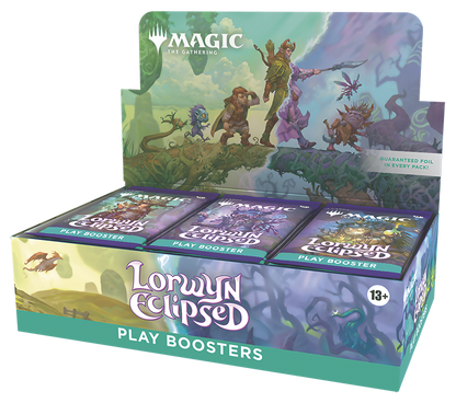 Box of 'Lorwyn Eclipsed' play boosters for 'Magic: The Gathering' with characters and creatures illustration on the packaging.