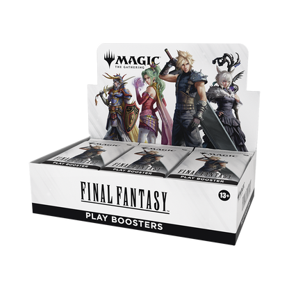 Box of Final Fantasy play boosters with character illustrations on a white background