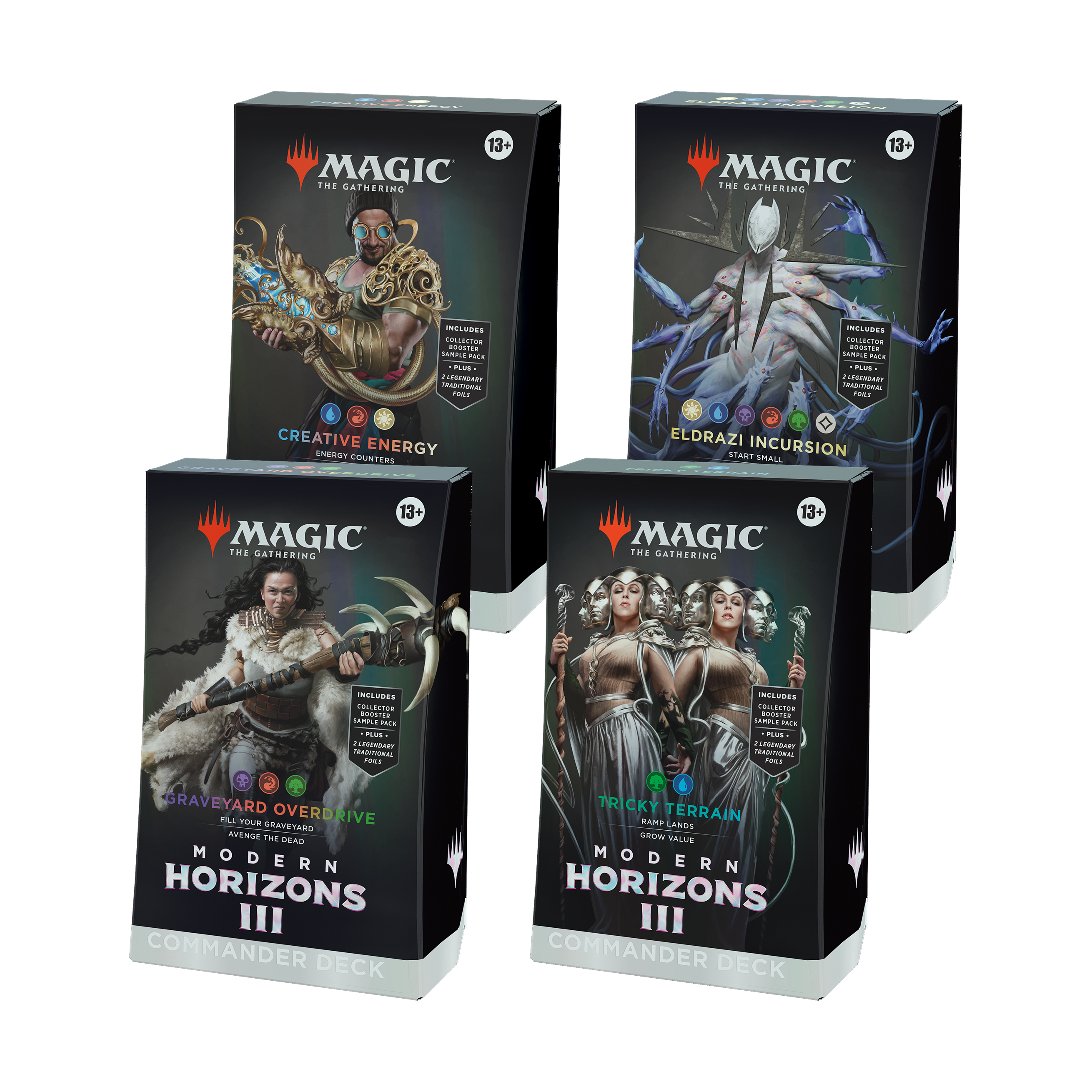 Four 'Magic: The Gathering' trading card game boxes on a white background