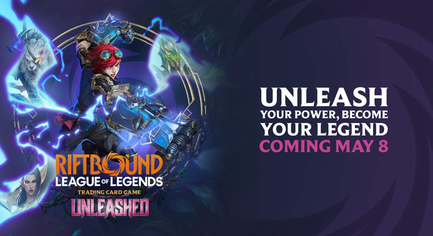 Promotional image for 'Riftbound League of Legends Trading Card Game Unleashed' with characters and text on a dark background.