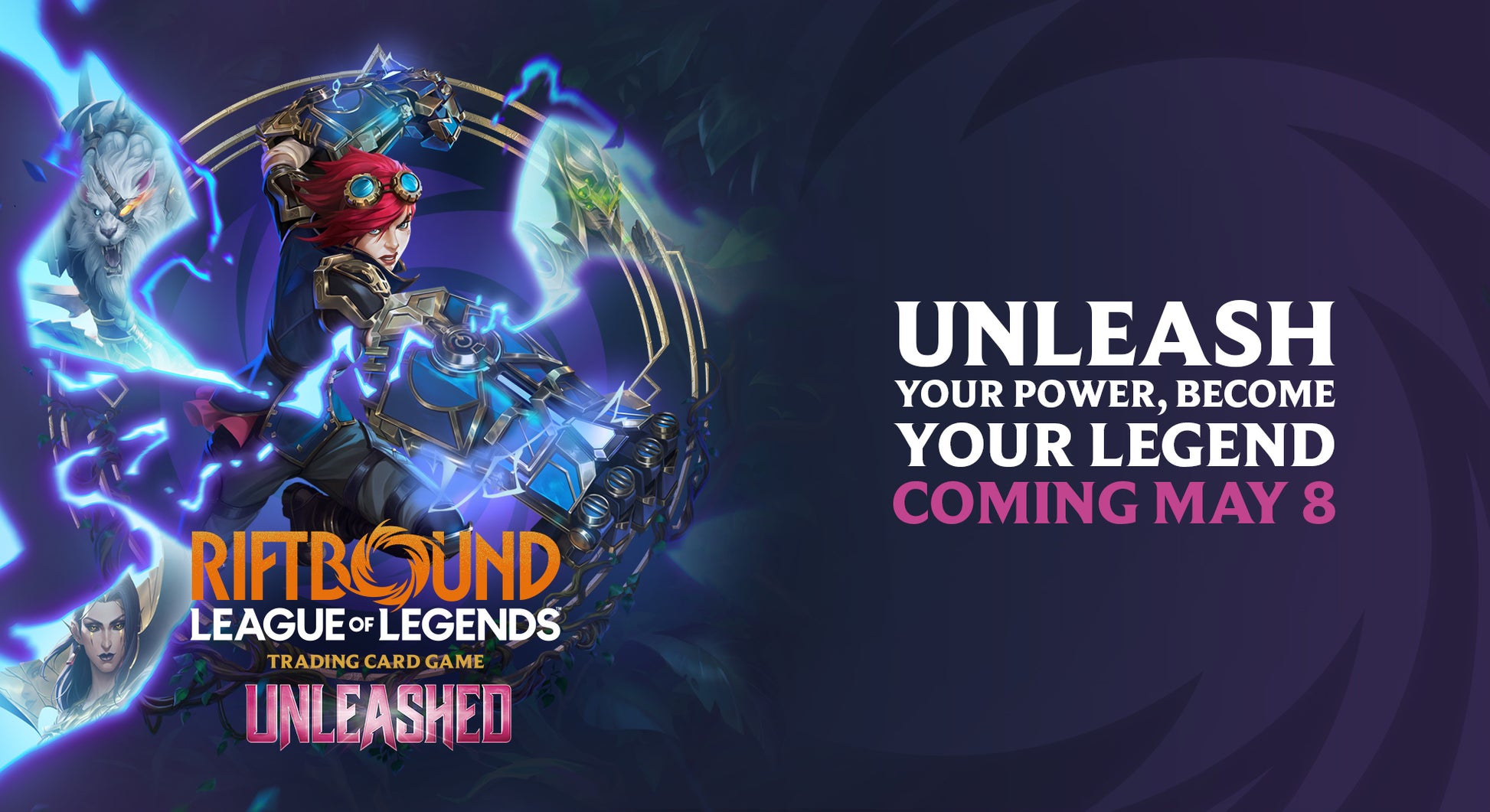Promotional image for 'Riftbound League of Legends Trading Card Game Unleashed' with characters and text on a dark background.