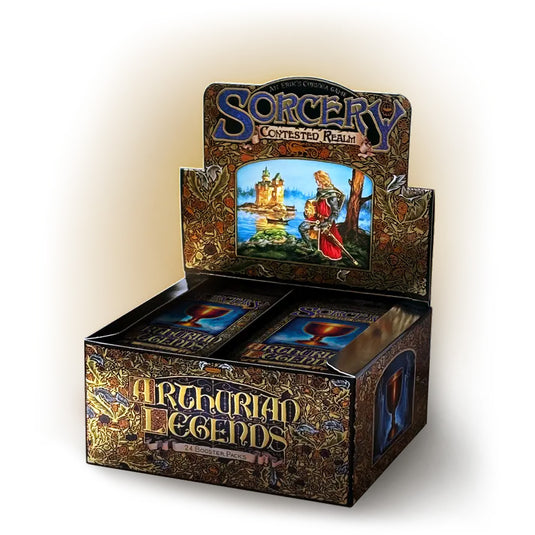 A booster box of the card game 'Sorcery: Contested Realm - Arthurian Legends' with illustrated cards and a fantasy-themed design.